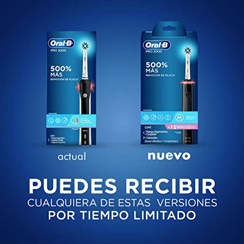 Oral B Cepillo de Dientes Eléctrico Recargable Pro 2000 + 1 Repuesto Sensi Ultrafino + 1 Repuesto CrossAction, con Tecnología Braun, Cabezal Redondo y Mango Ergonómico